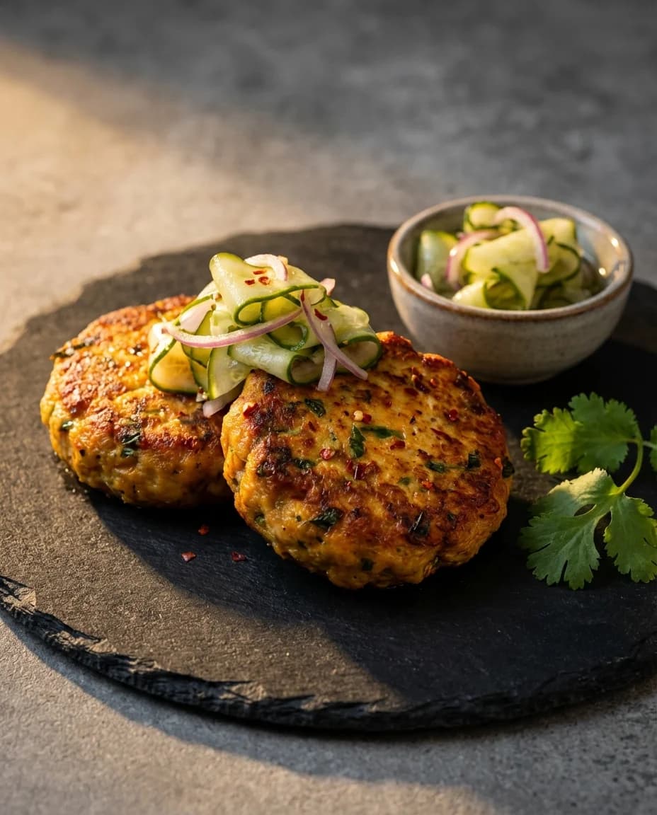 Aromatic Red Curry Chicken Cakes with Quick Cucumber Pickle