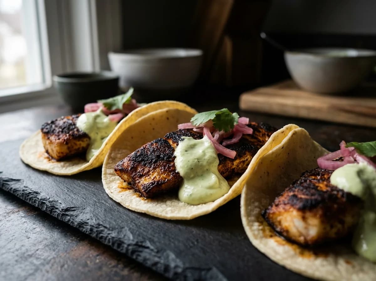Blackened Cajun Fish Tacos with Lime Crema