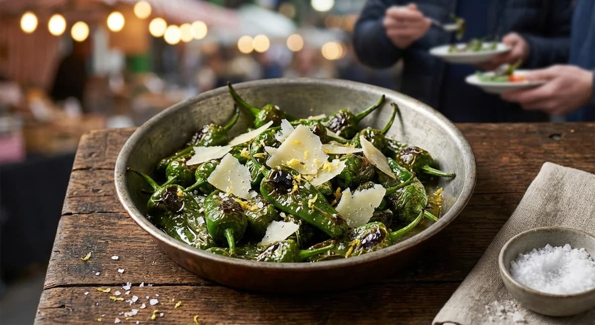 Blistered Padron Peppers with Shaved Manchego and Lemon
