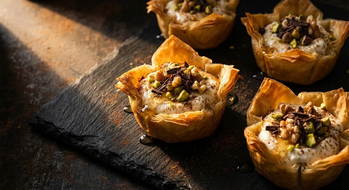 Cannoli-Style Baklava Cups with Spiced Nuts & Chocolate
