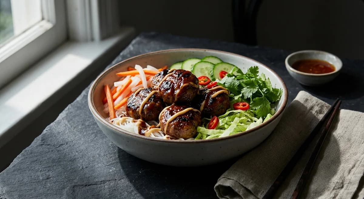 Caramelized Lemongrass Beef Meatball Banh Mi Bowls