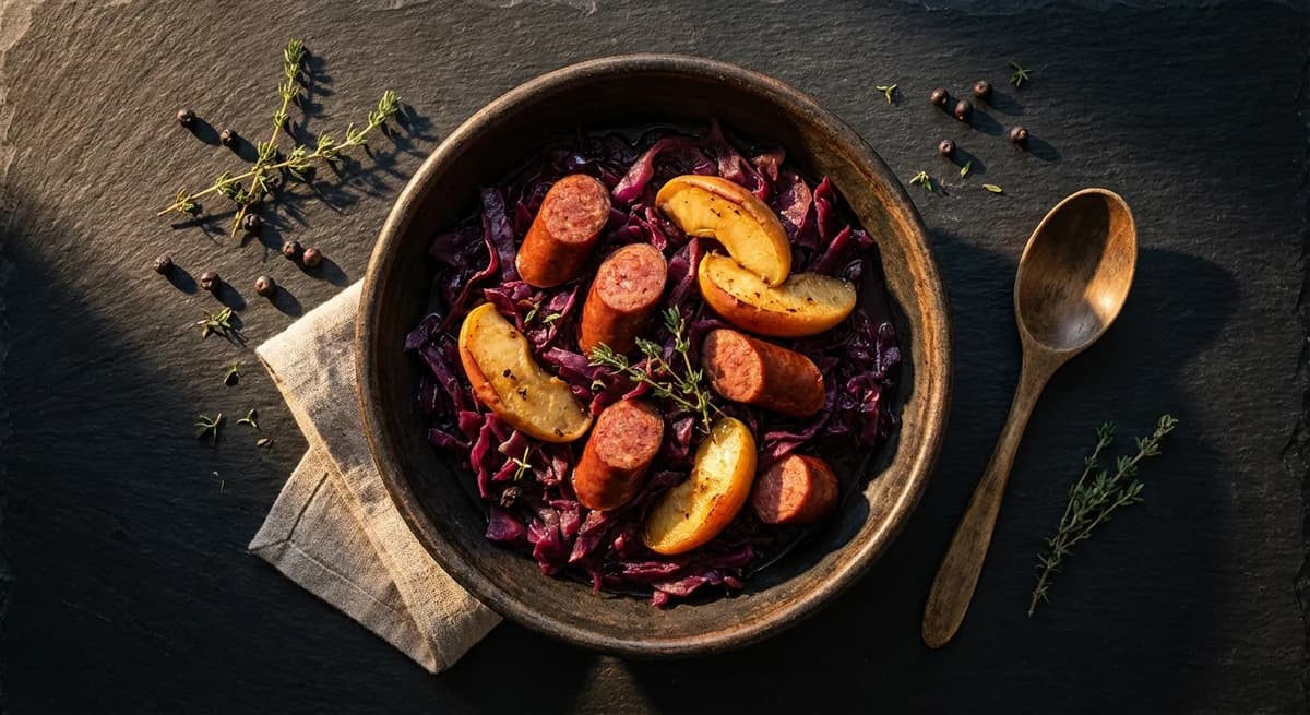 Cider-Braised Red Cabbage with Kabanos and Apple