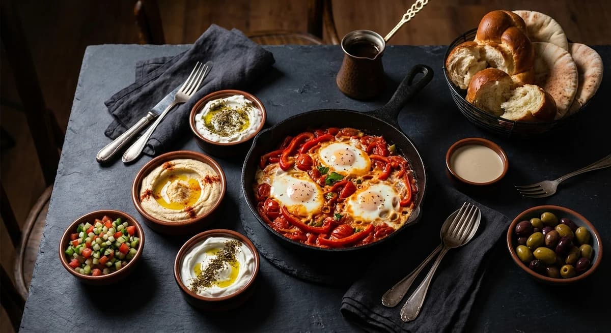 Classic Israeli Breakfast Spread with Shakshuka