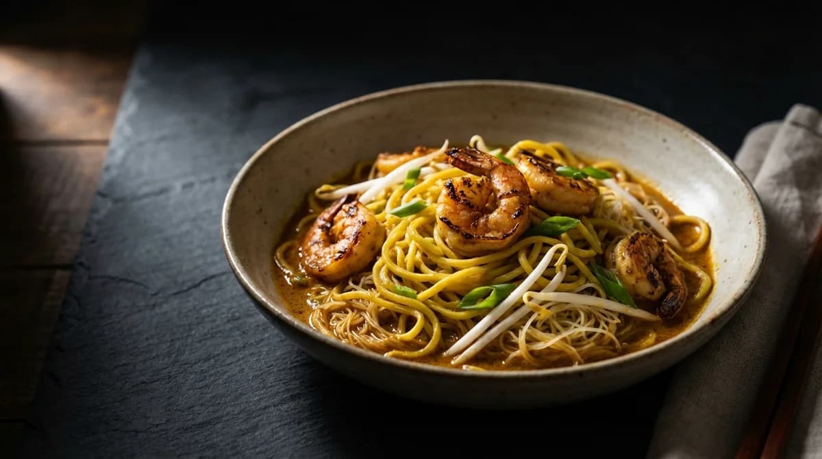 Classic Singapore Curry Noodles with Shrimp