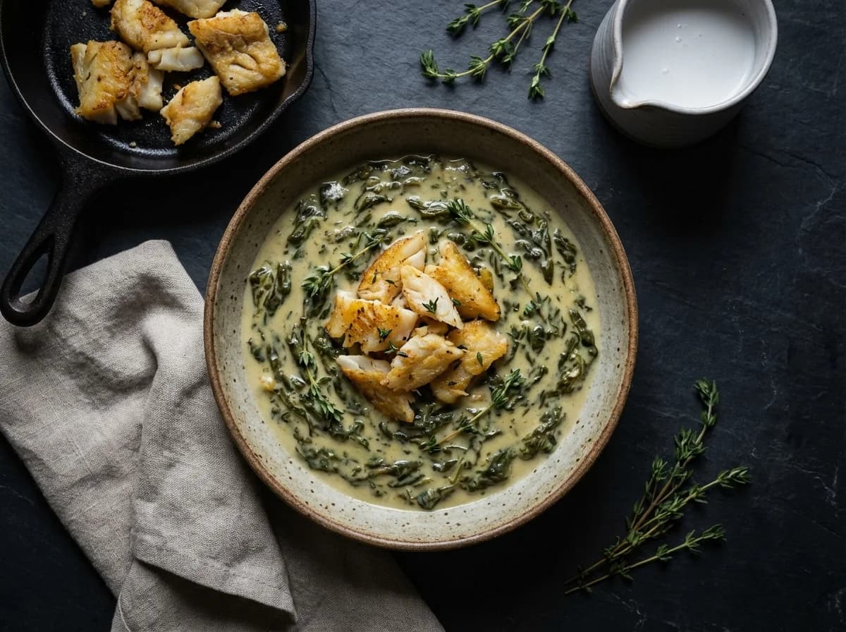 Coconut Cream Callaloo with Pan-Seared Saltfish