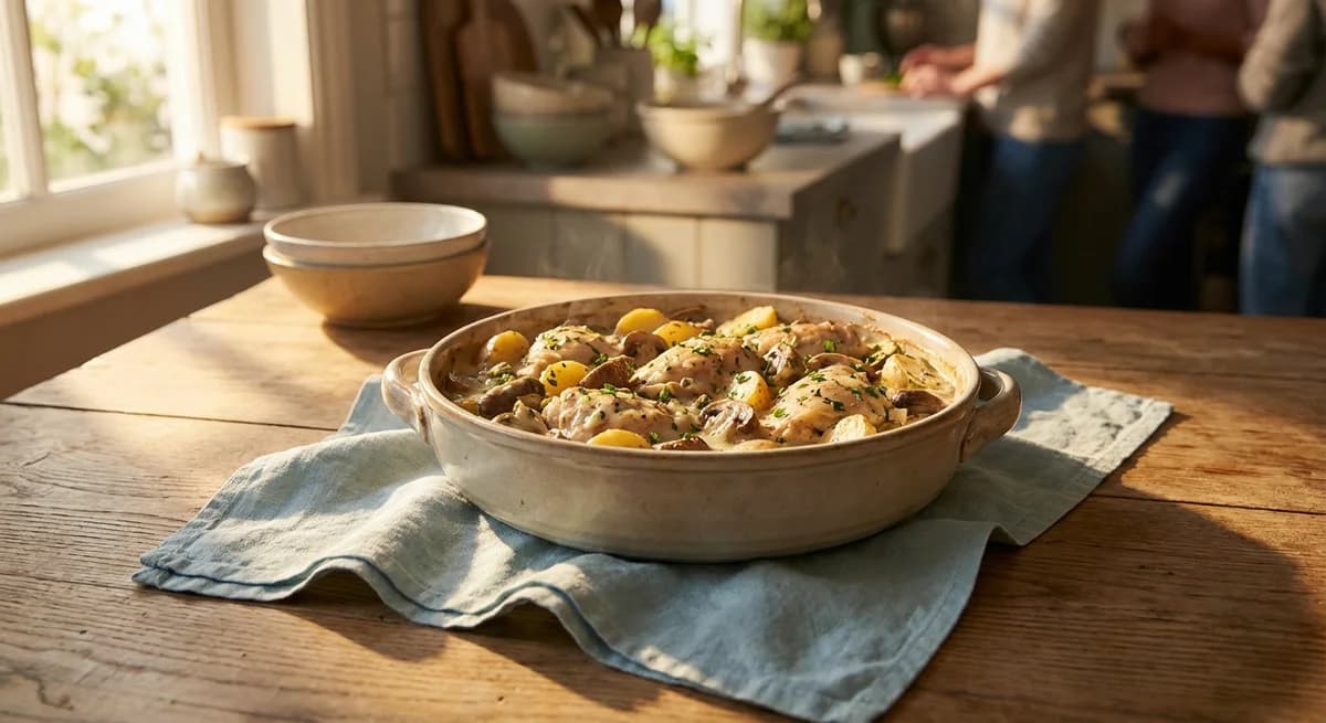 Creamy Garlic Chicken and Mushroom Potato Hotpot