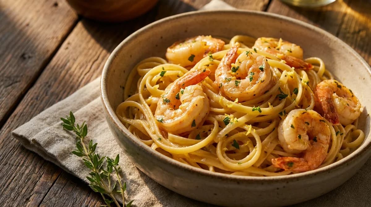 Creamy Lemon Garlic Shrimp Linguine