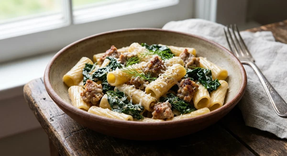 Creamy Rigatoni with Fennel Sausage and Tuscan Kale