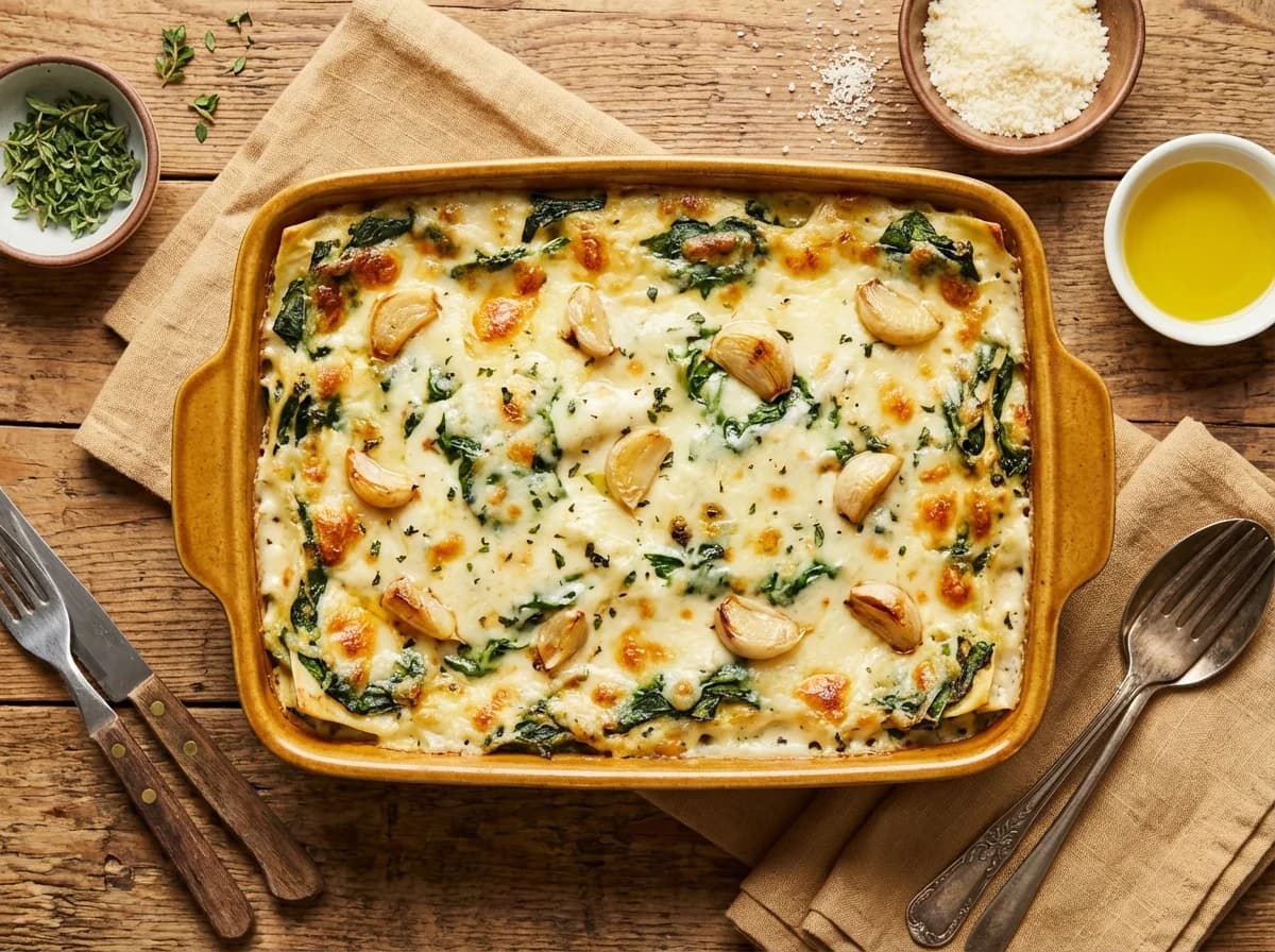 Creamy Roasted Garlic and Spinach White Lasagna