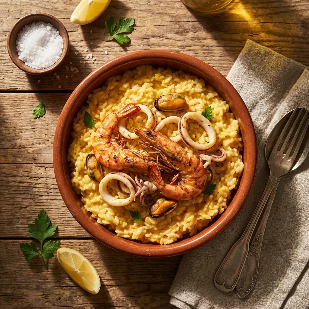 Creamy Saffron Rice with Prawns and Squid