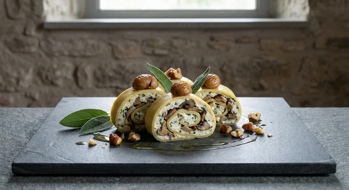 Creamy Sage and Wild Mushroom Rotolo with Chestnuts