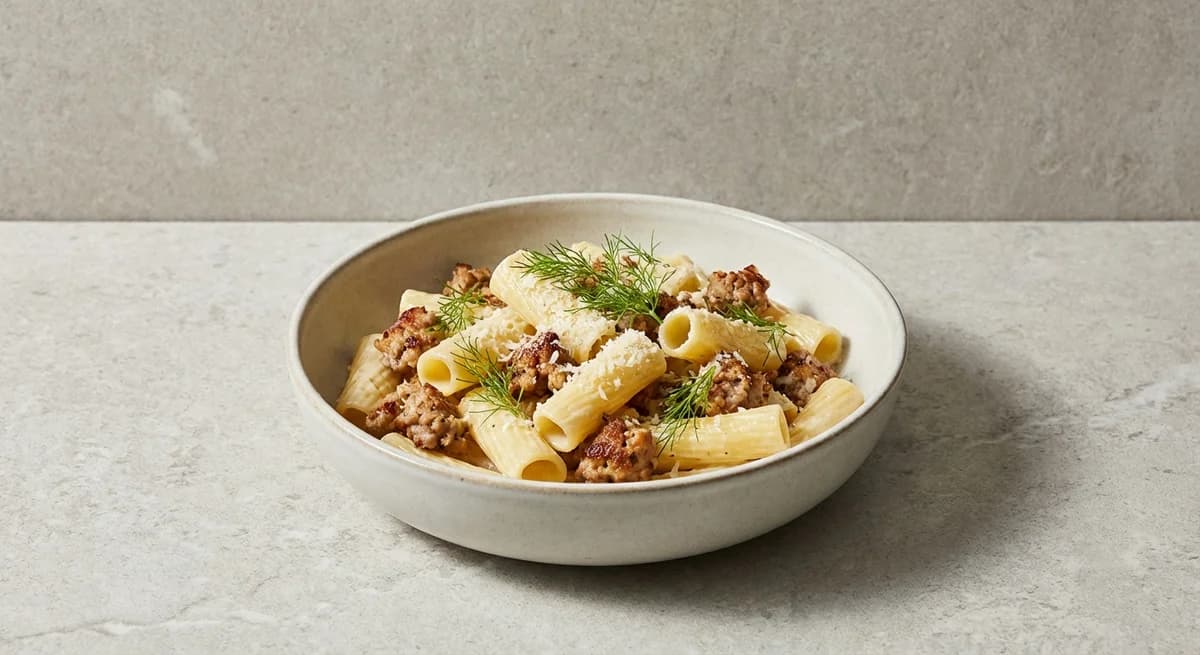 Creamy White Wine Rigatoni with Crispy Fennel Sausage