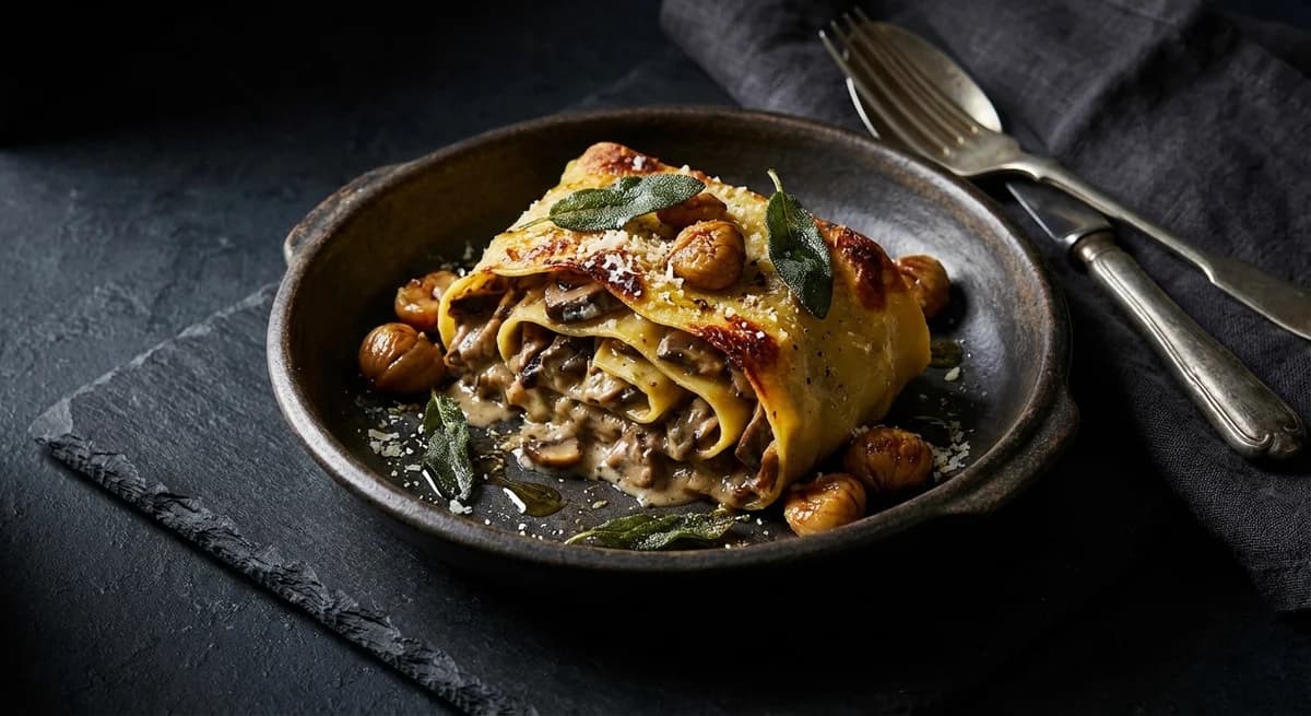 Creamy Wild Mushroom and Chestnut Rotolo with Sage
