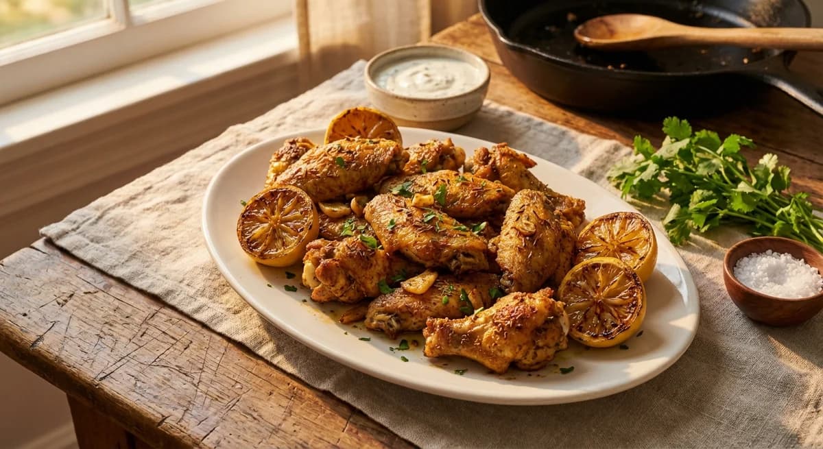 Crispy Baked Cumin-Garlic Wings with Charred Lemon