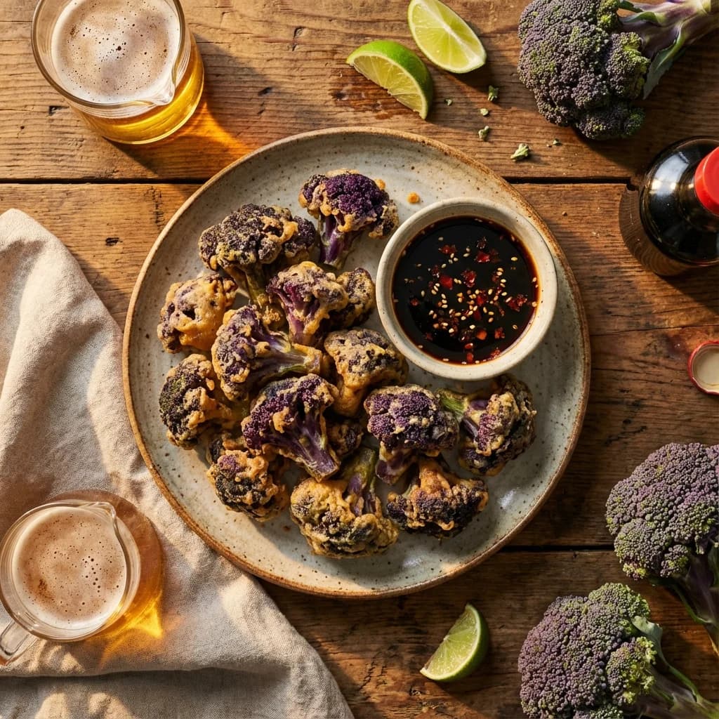 Crispy Beer-Battered Purple Broccoli with Soy-Lime Dip