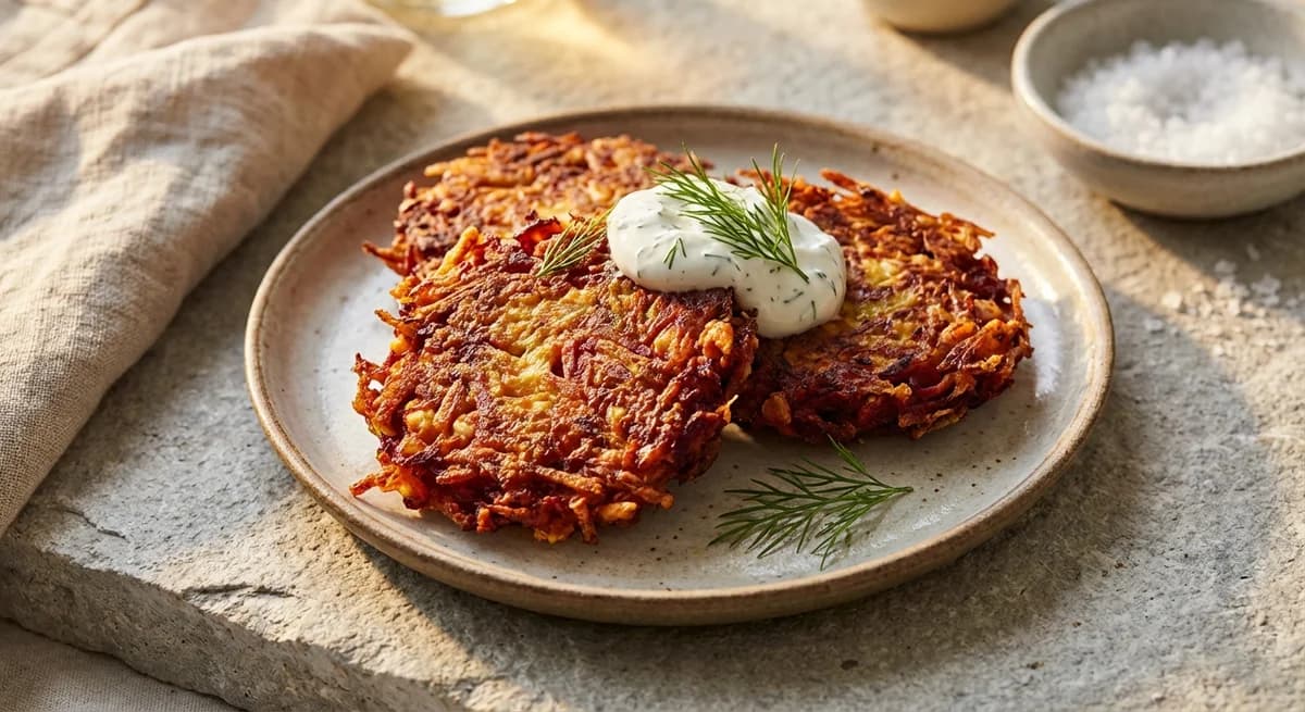 Crispy Beetroot and Feta Latkes with Dill Cream