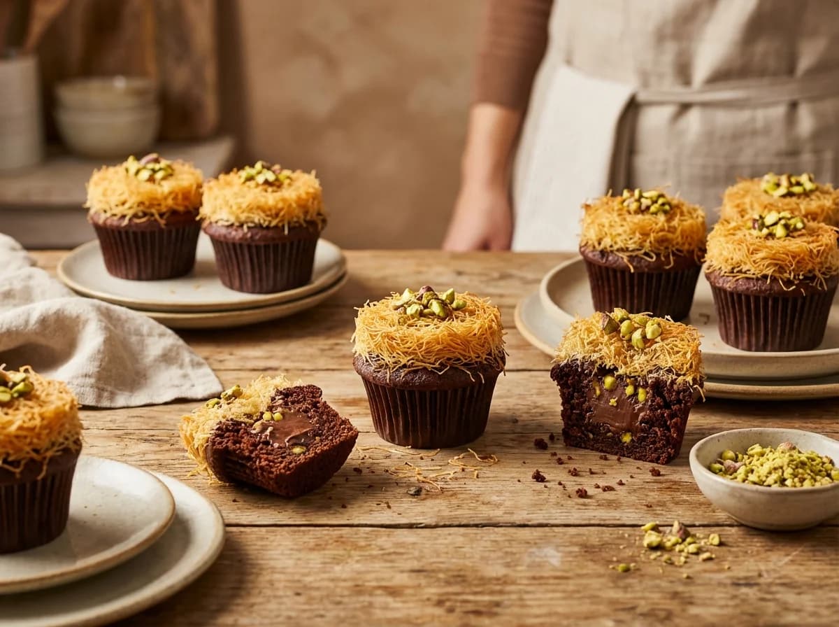 Crispy Pistachio Kunafa Filled Chocolate Cupcakes
