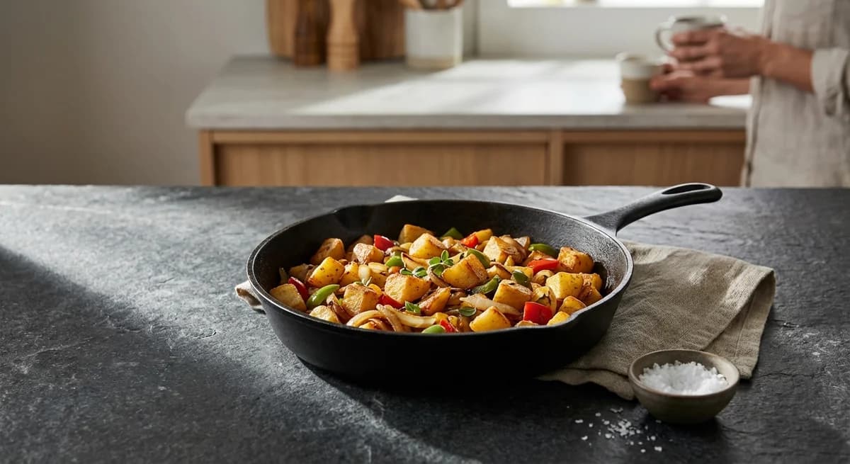 Crispy Skillet Breakfast Potatoes with Peppers and Onions Recipe