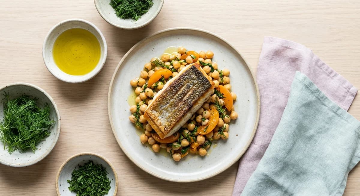 Crispy Skin Barramundi with Warm Chickpea and Apricot Salad