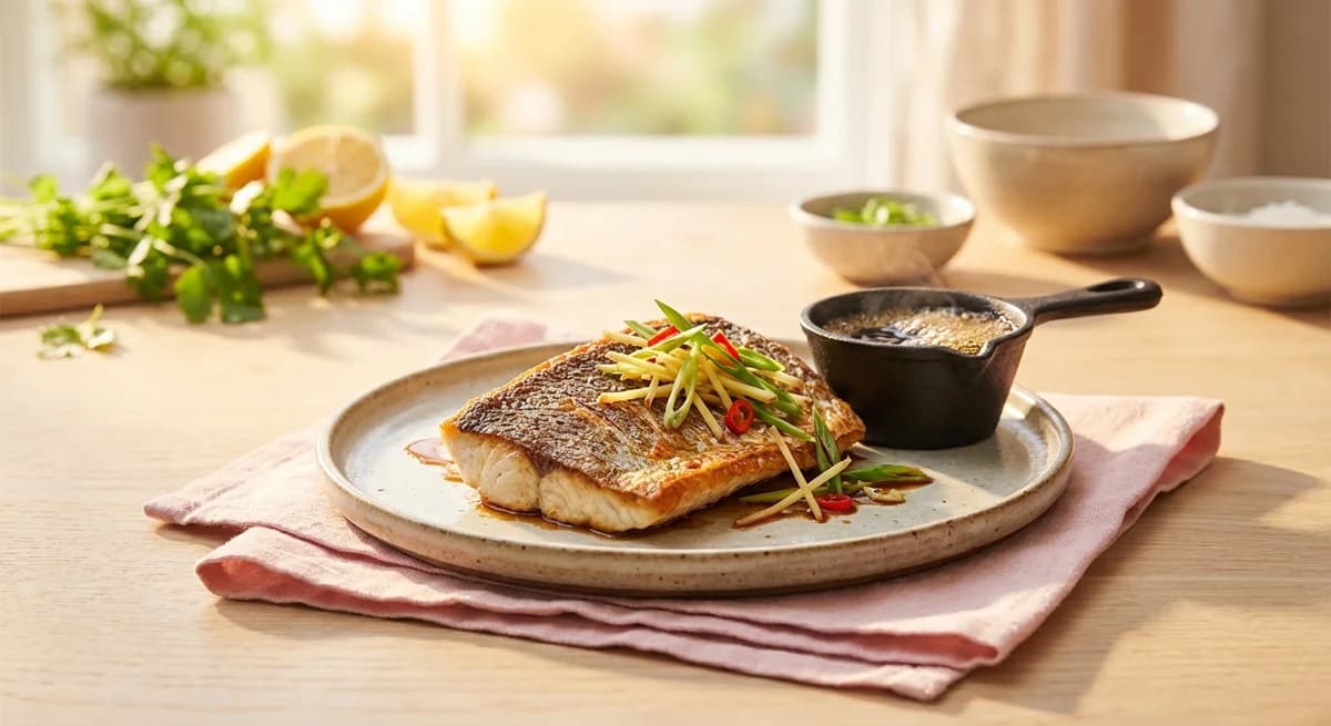Crispy Skin Sea Bass with Sizzling Ginger Soy