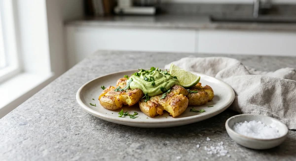Crispy Smashed New Potatoes with Zesty Avocado Crema