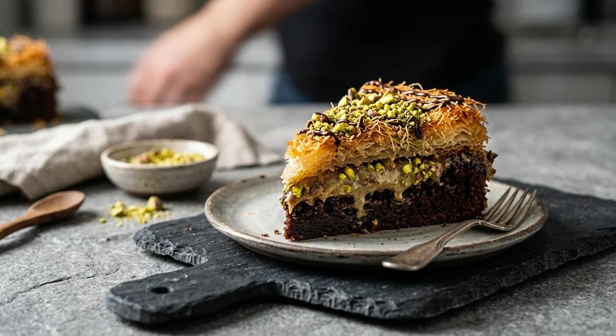 Decadent Pistachio Kunafa Chocolate Cake Recipe