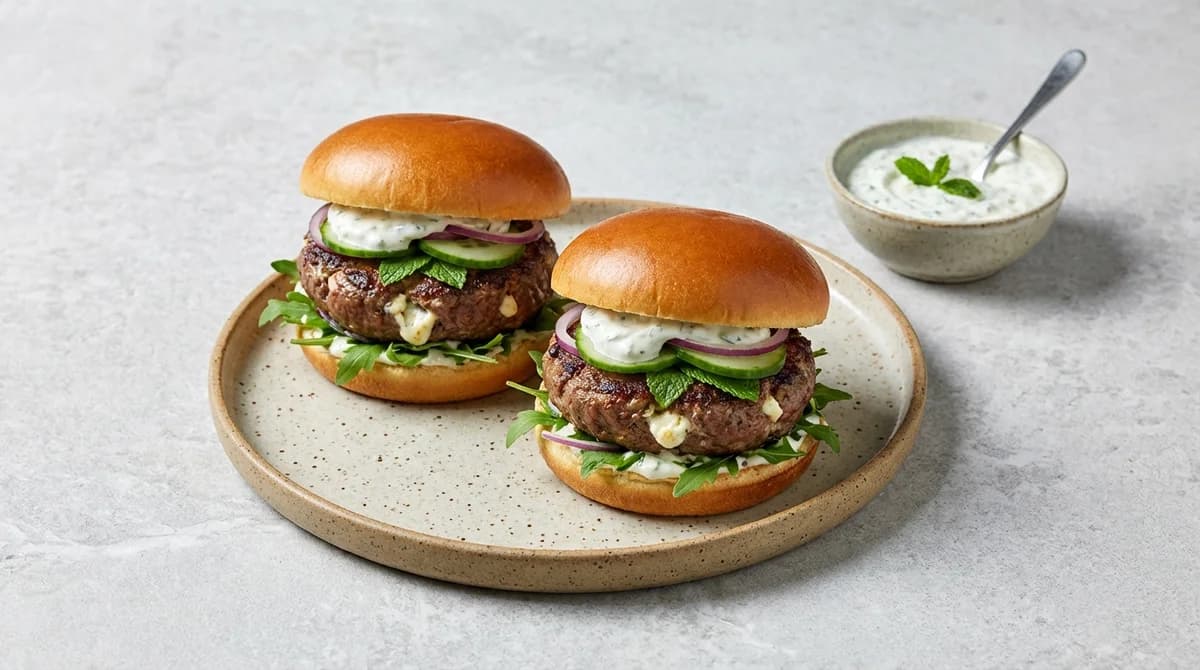 Feta-Stuffed Lamb Burgers with Minted Tzatziki