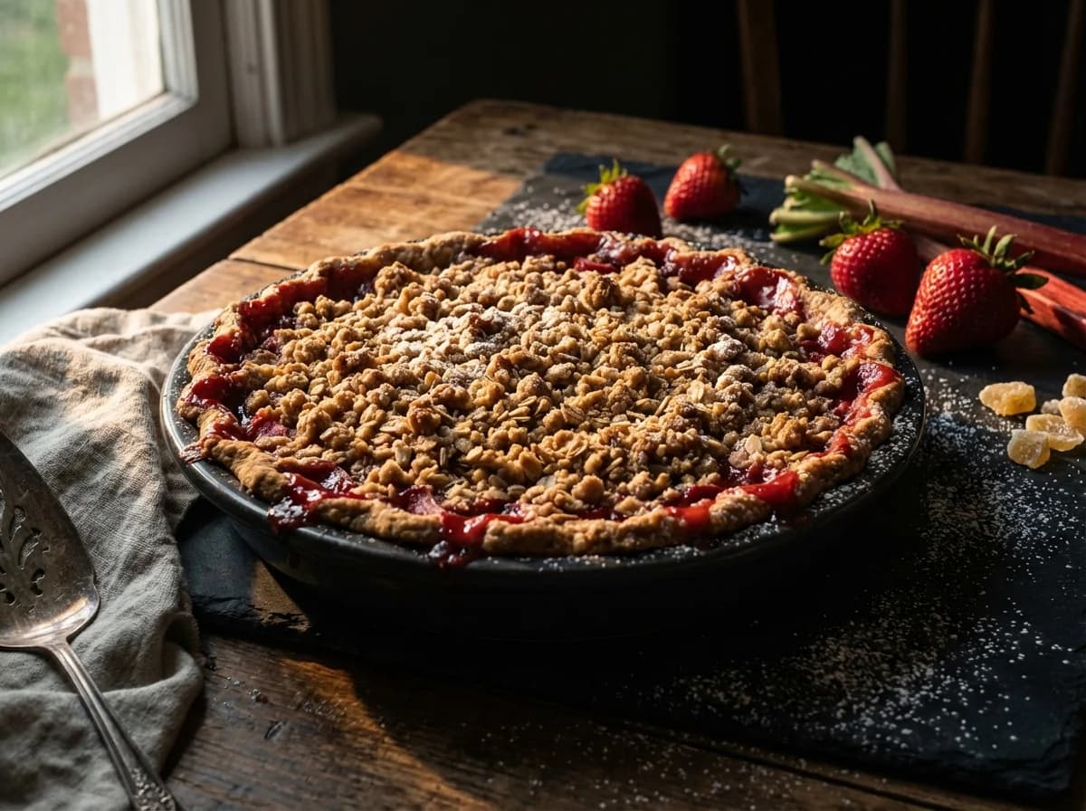 Ginger-Spiced Strawberry Rhubarb Crumble Pie