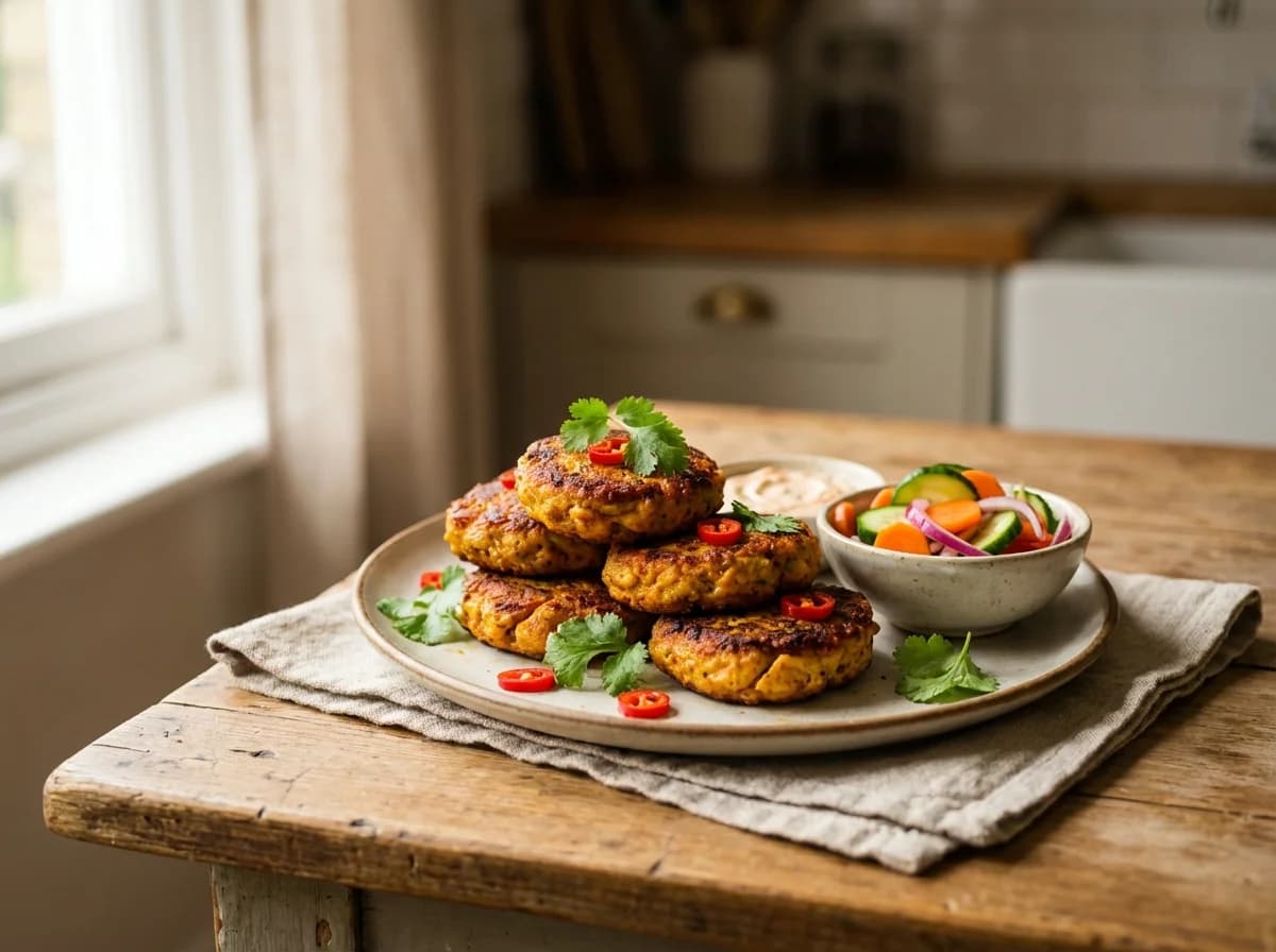 Golden Red Curry Chicken Cakes with Quick Pickle Dip
