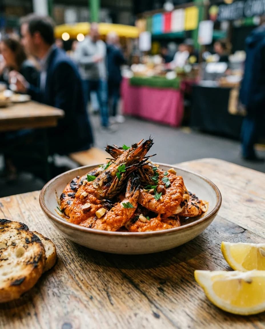 Grilled Prawns with Smoky Almond Romesco