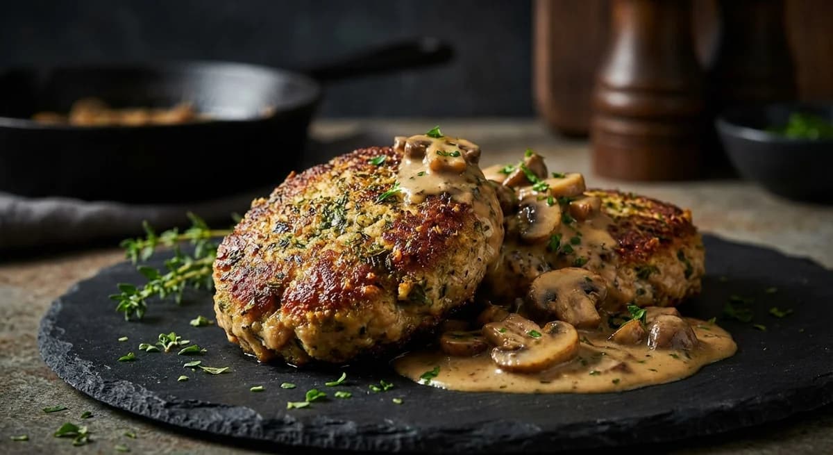 Herb-Crusted Karbonader with Creamy Mushroom Sauce