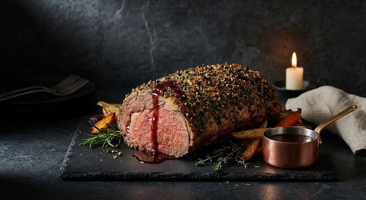Herb-Crusted Roast Beef with Red Wine Jus