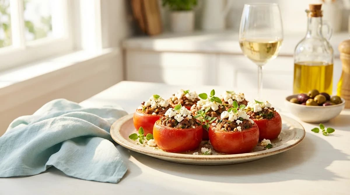 Herbed Greek Lamb Stuffed Tomatoes with Feta