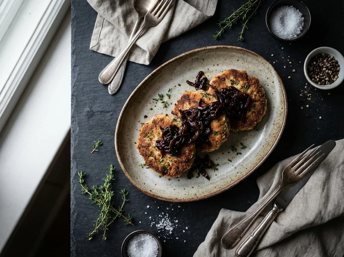 Herbed Karbonader with Balsamic Glazed Onions