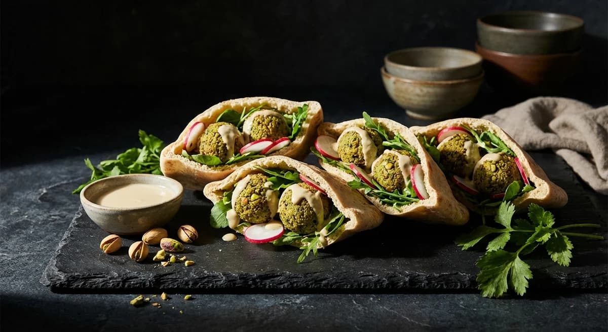 Herbed Pistachio Falafel Pitas with Lemon Tahini