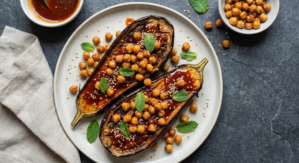 Honey-Harissa Glazed Eggplant with Crispy Chickpeas