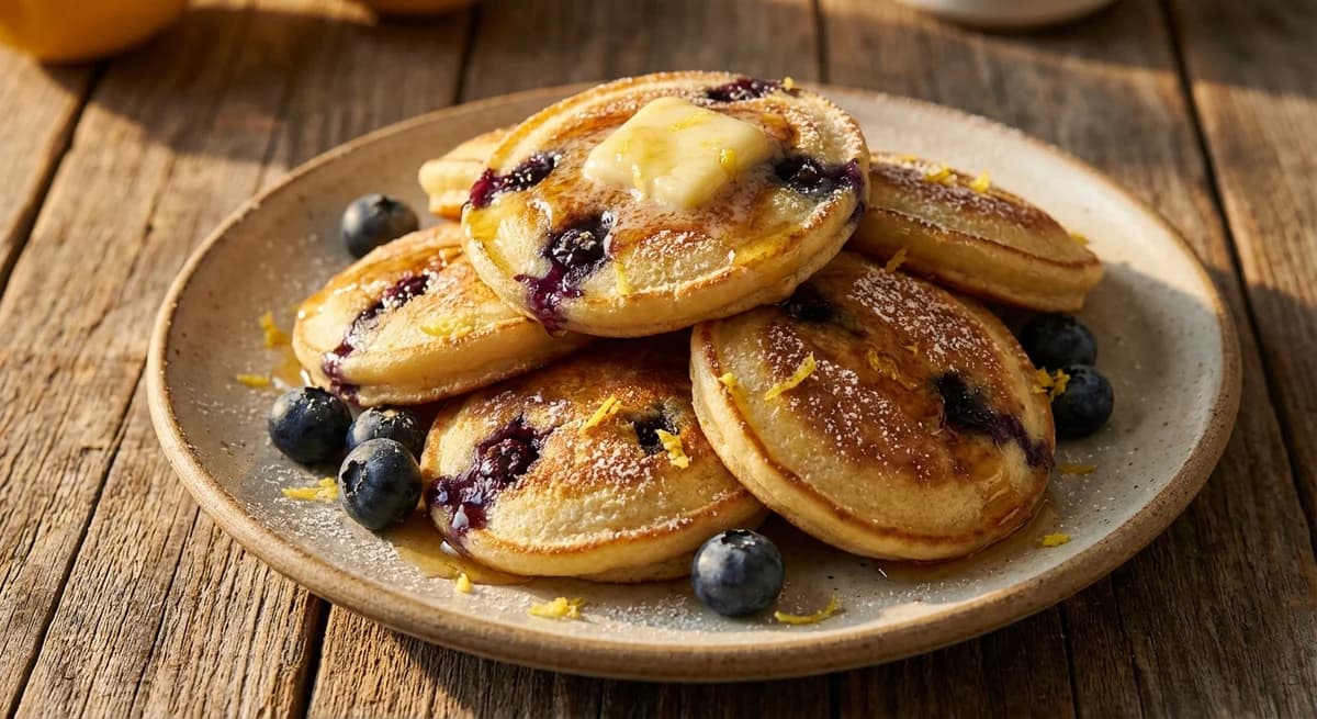 Lemon Ricotta Blueberry Poffertjes with Honey Butter