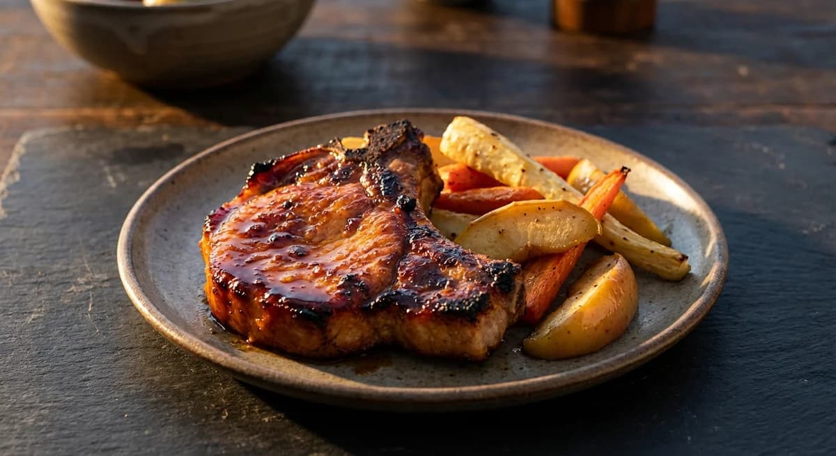 Maple-Glazed Pork Chops with Apples and Roasted Root Vegetables
