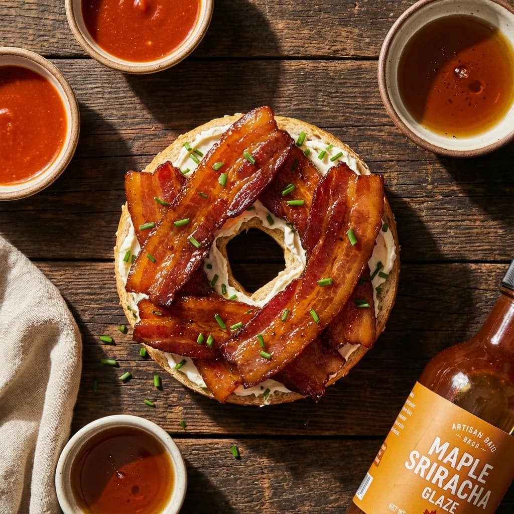 Maple Sriracha Candied Bacon Bagel