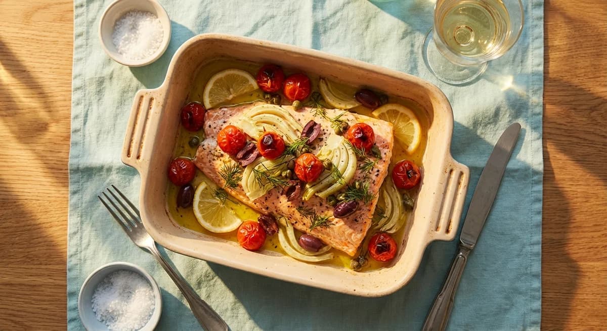 Mediterranean Baked Salmon with Fennel, Tomatoes, and Olives