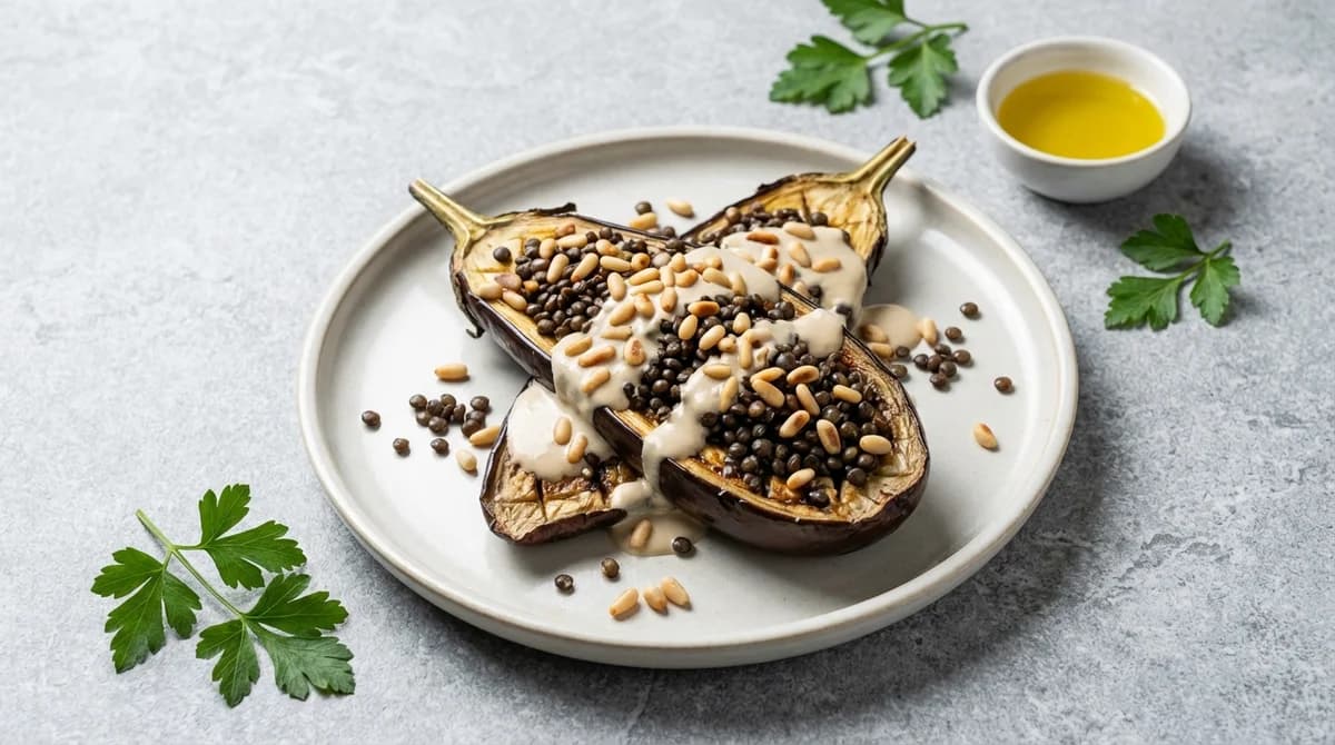 Mediterranean Roasted Eggplant With Tahini, Pine Nuts, and Lentils