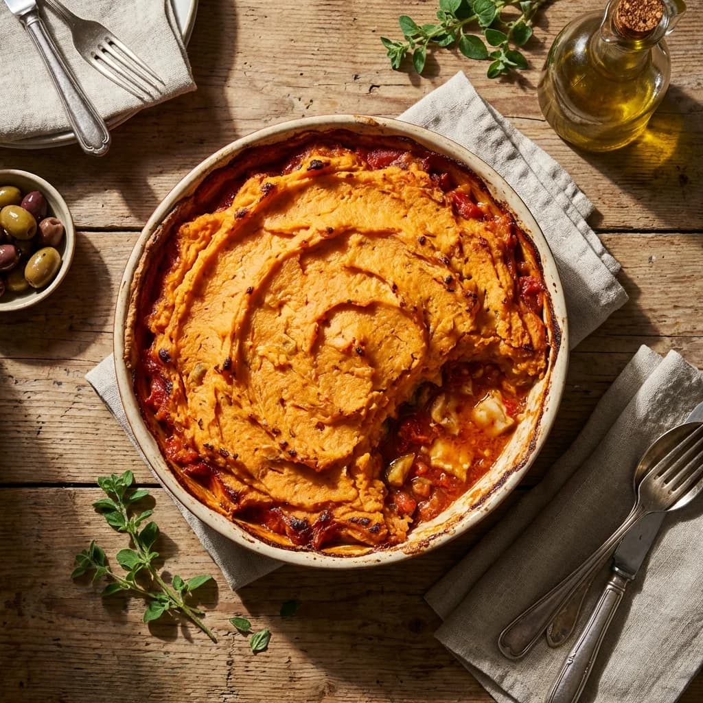 Mediterranean Tomato Fish Pie with Sweet Potato Top