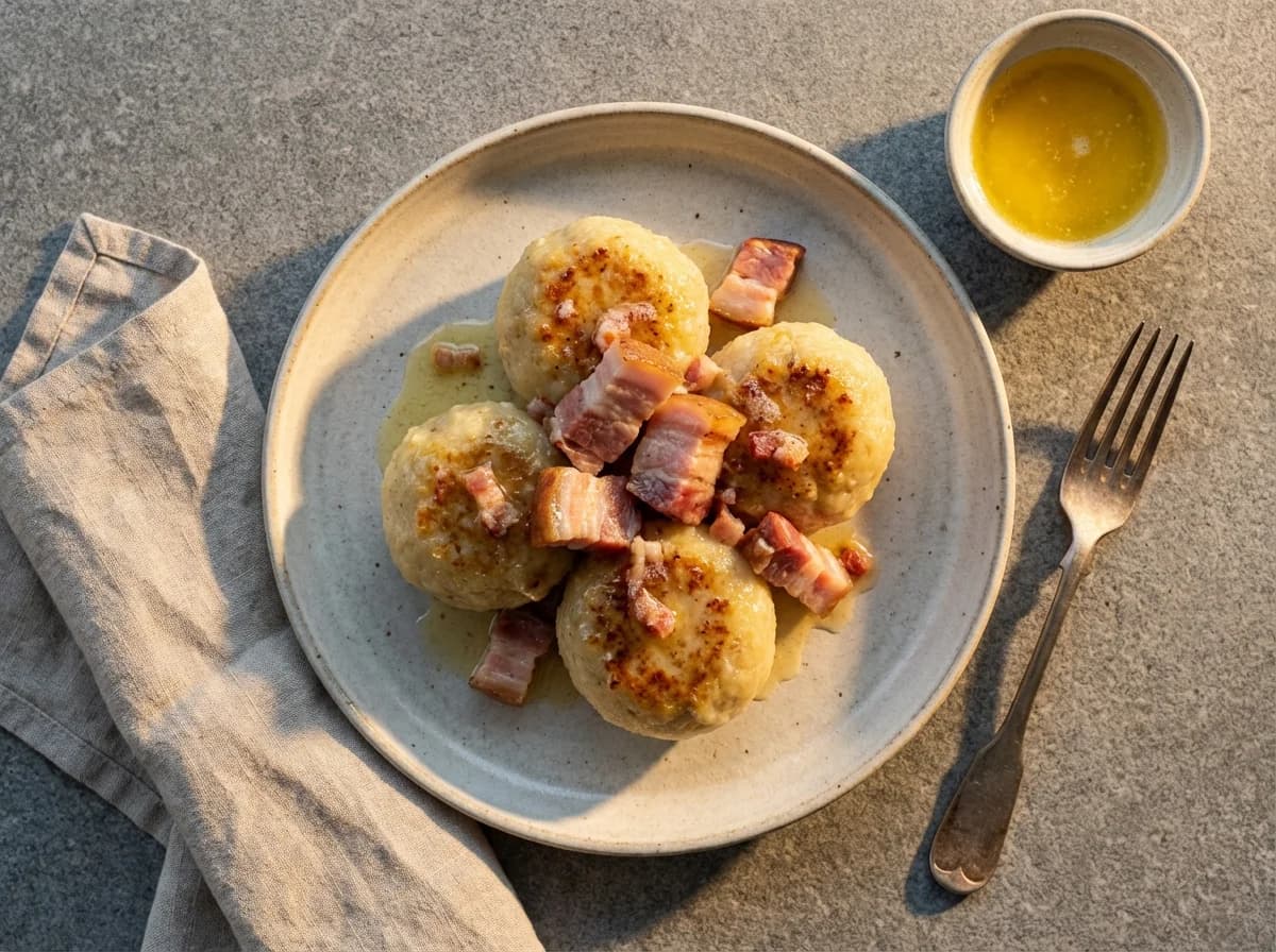 Norwegian Potato Dumplings with Salted Pork and Bacon Butter