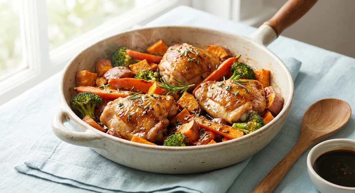 One-Pan Honey Balsamic Glazed Chicken & Herb Roasted Veggies