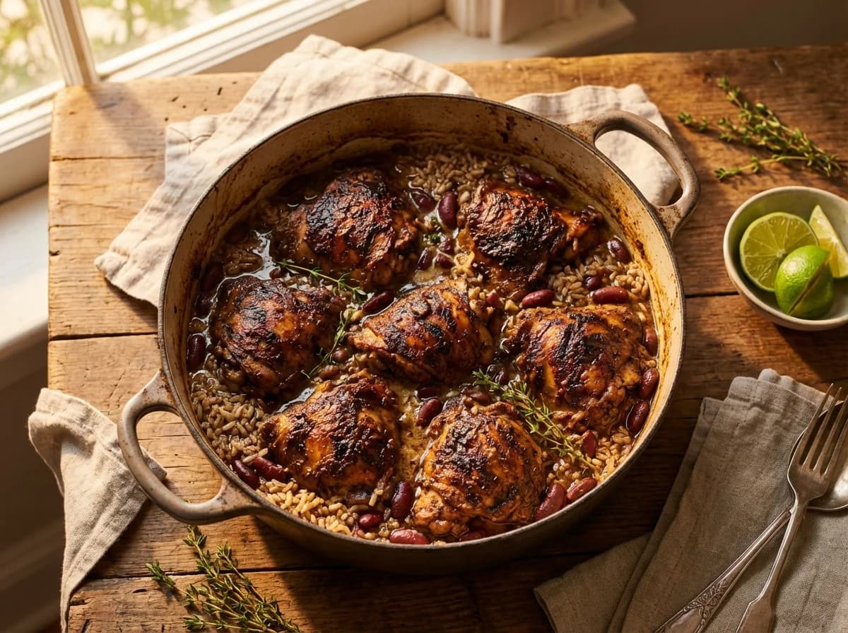 One-Pot Jerk Chicken with Coconut Rice and Peas