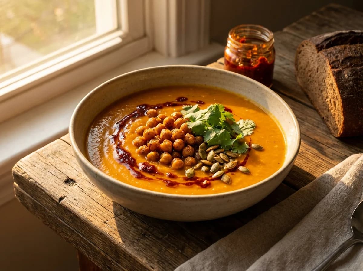 Roasted Harissa Carrot Soup with Crispy Chickpeas