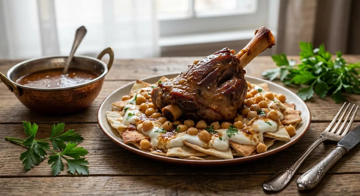 Royal Lamb Shank Fatteh with Garlic Vinegar Sauce