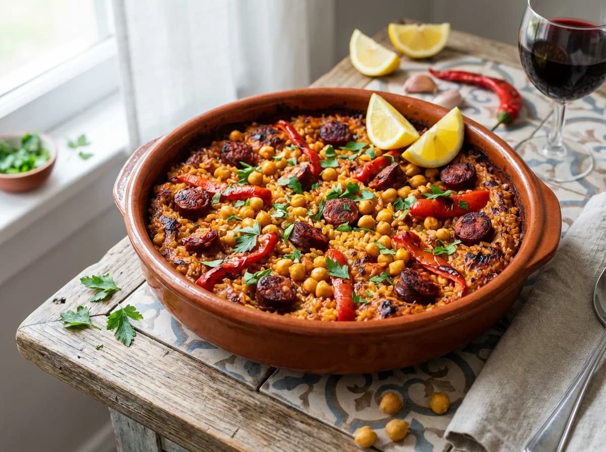 Rustic Chorizo and Chickpea Spanish Baked Rice