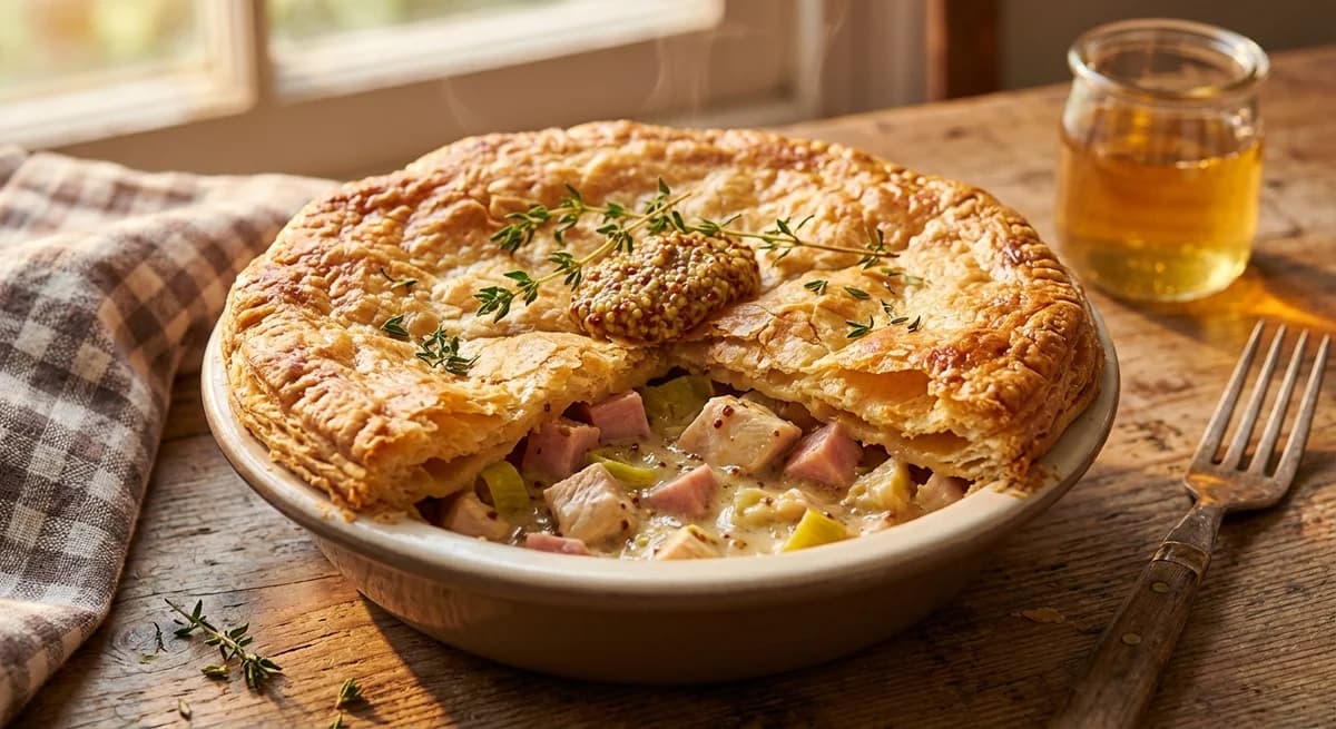 Rustic Cider and Mustard Chicken Ham Leek Pie