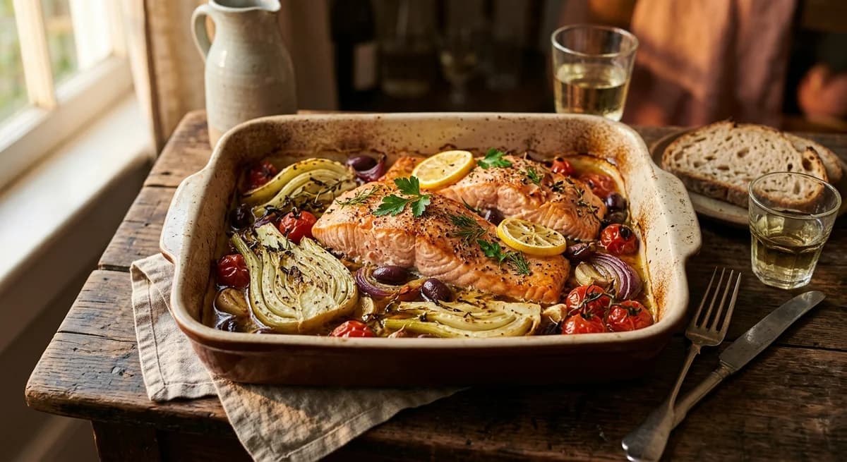 Rustic Mediterranean Baked Salmon with Fennel and Tomatoes